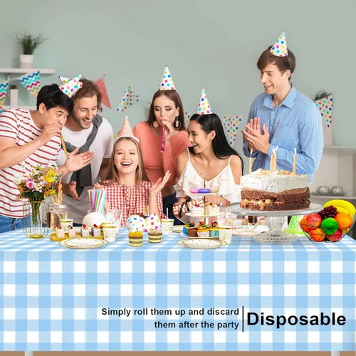 Miniatura 4 de Paquete de 6 manteles de plástico desechables azules y blancos a cuadros, manteles de plástico azules para fiestas, 54 x 108 pulgadas impermeables