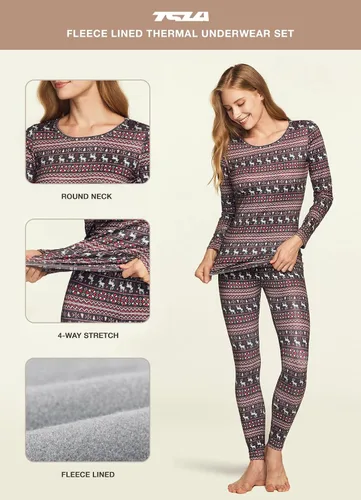 Miniatura 4 de TSLA Conjunto de ropa interior térmica para mujer, vellón suave, pantalones largos, primera capa cálida para invierno, parte superior e inferior