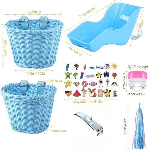 Miniatura 2 de Aurelema Asiento de bicicleta de muñeca con 30 calcomanías de calcomanías, cesta de bicicleta para niños, manillar de bicicleta, cintas coloridas