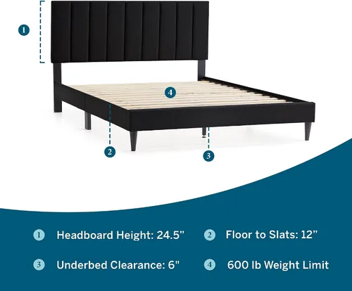 Miniatura 2 de Lucid - Cama de plataforma tapizada con un cabecero tapizado, de madera resistente, no requiere somier Negro