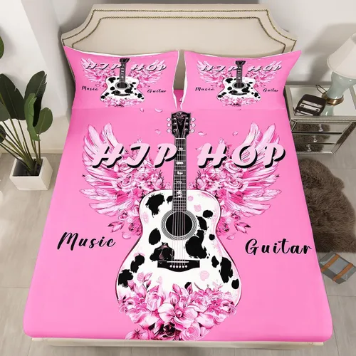 Miniatura 12 de Castle Fairy Juego de sábanas de botas de vaquero, tamaño individual, juego de ropa de cama de guitarra musical bohemia de 3 piezas para niños