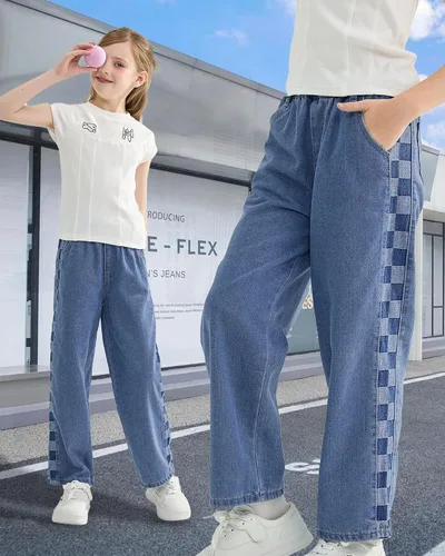 Miniatura 3 de Rolanko Pantalones vaqueros para niñas, cintura elástica, pierna ancha, pantalones holgados para niños, ropa para niños de 4 a 14 años