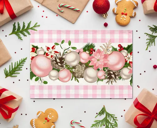 Miniatura 6 de Nepnuser Juego de 4 Manteles Individuales de Navidad a Cuadros Vichy y de Búfalo Rosa y Blanco, Decoración Navideña para Hogar Cocina Mesa de Comedor