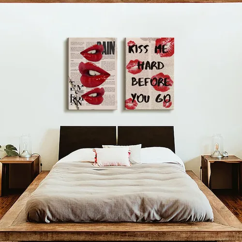 Miniatura 6 de 2 piezas de lienzo enmarcado, arte de pared, decoración de pared de moda preparada, pósteres de labios rojos funky, impresiones de cuadros