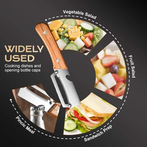 Miniatura 6 de Pelador de verduras con mango de madera, pelador de frutas multifuncional para cocina, pelador de cuchillas de acero inoxidable con abridor de (3pc)