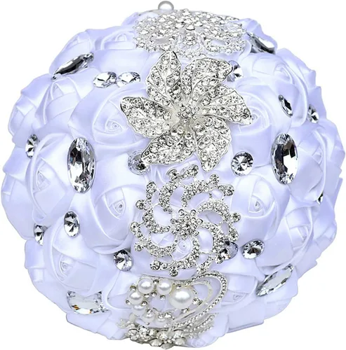 Miniatura 31 de XINNI Ramo de boda nupcial hecho a mano novia dama de honor satén rosa ramo de flores con diamantes de imitación perla encaje decoración de boda