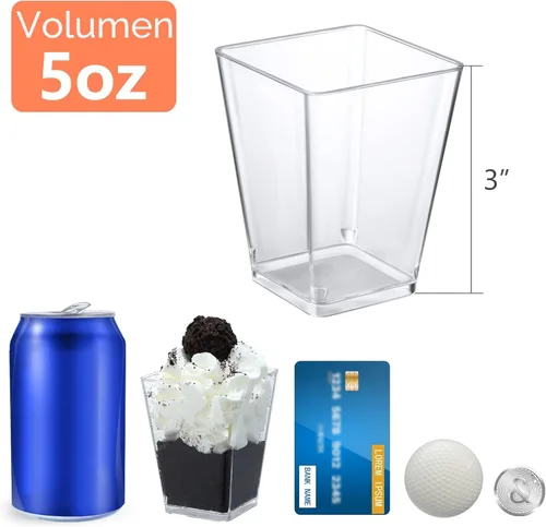 Miniatura 2 de SHOPDAY Vasos de postre de plástico de 5 onzas, paquete de 50 tazas pequeñas de parfait cuadrado transparente con cucharas, mini vasos de plástico