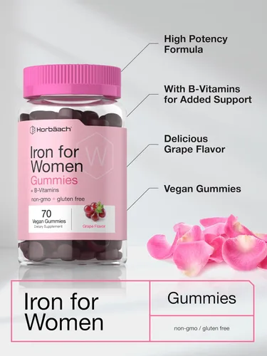 Miniatura 4 de Horbäach Gomitas de hierro para mujer, 70 unidades, sabor a uva, suplemento con vitaminas B, folato y zinc, vegano, sin OMG y sin gluten
