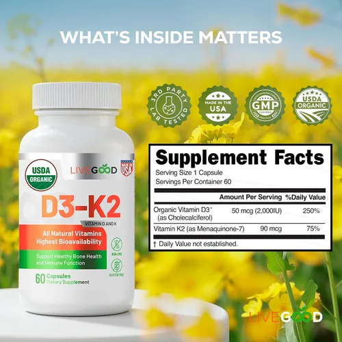 Miniatura 3 de LIVEGOOD Suplemento orgánico D3 K2 de 2000 UI, cápsulas veganas con MK-7, vitamina D3 pura con K2 para el sistema inmunológico y apoyo óseo