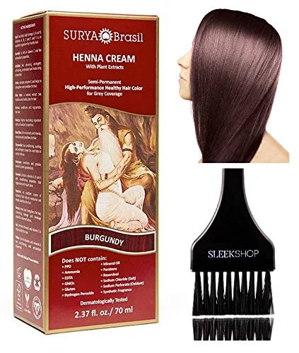 Surya Brasil Todos los extractos naturales de HENNA para el cabello, color crema, semipermanentes para cobertura de canas (con cepillo) Brasil