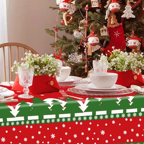 Miniatura 2 de Mantel de Navidad desechable, mantel de plástico para Navidad, color rojo, verde, blanco, mantel de árbol de renos y copos de nieve para decoración