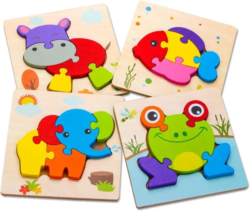 SKYFIELD - Rompecabezas de madera para niños y niñas de 1 a 3 años, juguetes educativos, Montessori, 4 animales, formas de colores brillantes