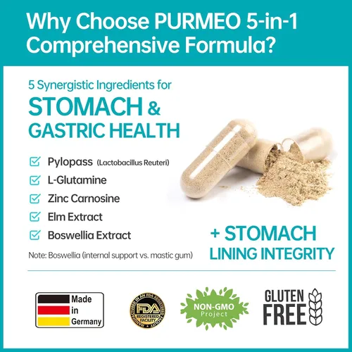 Miniatura 3 de purmeo MagenVital Pylopass H. Pylori Suplemento probiótico - 1 por día - Gastritis, reflujo ácido, acidez estomacal, reparación del revestimiento