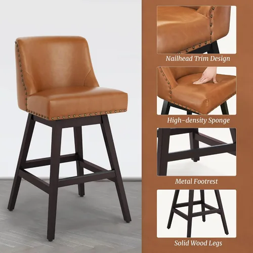 Miniatura 4 de Cozyman Taburetes de bar de 30 pulgadas, taburetes giratorios de color marrón amarillento con respaldo, taburetes de bar tapizados de piel
