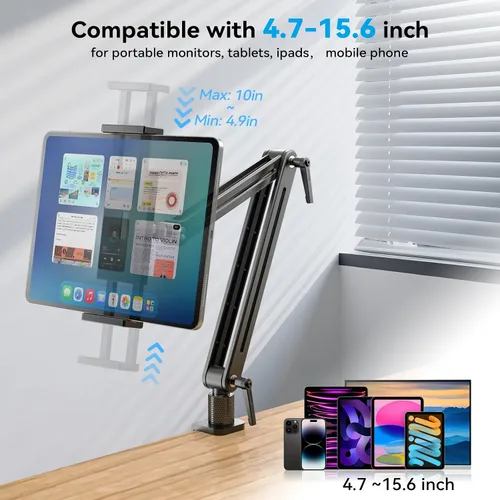 Miniatura 2 de Jakeko Soporte Ajustable para Tablet en Escritorio - Base Giratoria de 360 Grados, Soporte de Brazo Alto, Montura Giratoria y Abrazadera Flexible