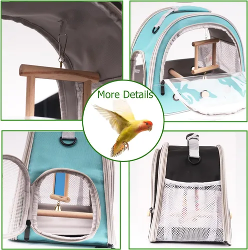 Miniatura 6 de Jaula de viaje de loro con jaula de pájaros, campanas de espejo, bolsa portátil para periquitos pequeños con perca de pie y cómoda alfombrilla