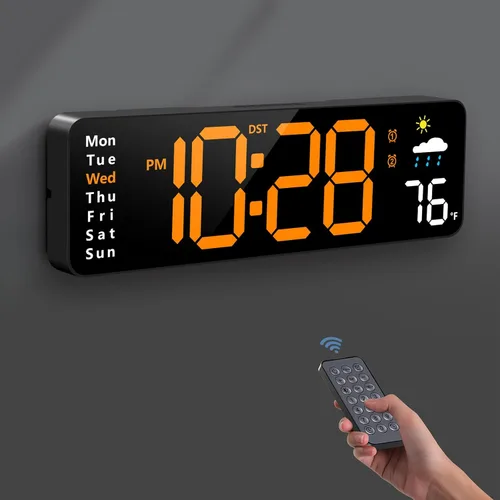 Miniatura 9 de Reloj de pared digital, reloj digital con pantalla grande con control remoto, despertador LED con cable con fecha, semana, temperatura, humedad, DST