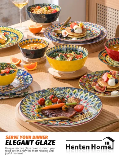 Miniatura 6 de Henten Home Juego de 6 platos de postre de cerámica, platos de ensalada de porcelana de 8.5 pulgadas, coloridos platos de estilo bohemio