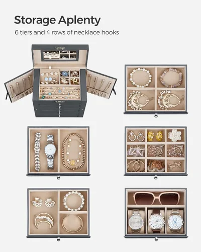 Miniatura 3 de SONGMICS Joyero de 6 niveles joyero con 5 cajones gran capacidad de almacenamiento con espejo bloqueable organizador de almacenamiento de joyas