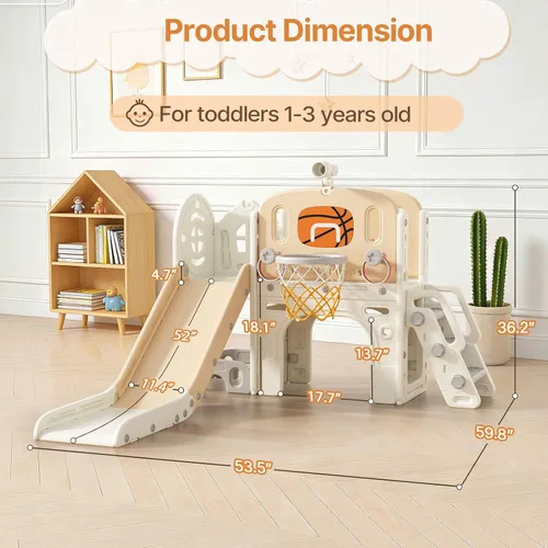 Miniatura 6 de BIERUM - Tobogán para niños pequeños 9 en 1, tobogán para bebés de 1 a 3 años con juego de anillos, aro de baloncesto y telescopio, juego de parque