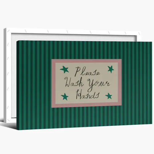 Green Pink Striped Bathroom Wall Art Please Wash Your Hands Humor Canvas Print Mid Century Modern Poster and Posters for Vintage Bathroom