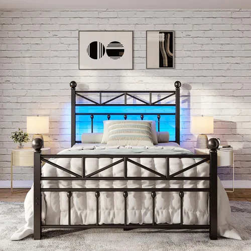 Miniatura 13 de EnHomee Base de cama de plataforma de metal tamaño Queen, cabecero alto de 54" y luces LED, cabecero y piecero vintage victoriano, almacenamiento