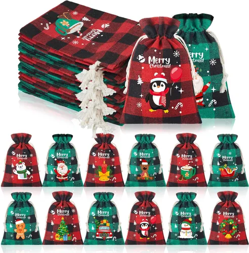 Miniatura 13 de Boao 24 bolsas de Navidad con cordón para regalo de Navidad, a cuadros, de algodón, para suministros de fiesta de dulces de Navidad