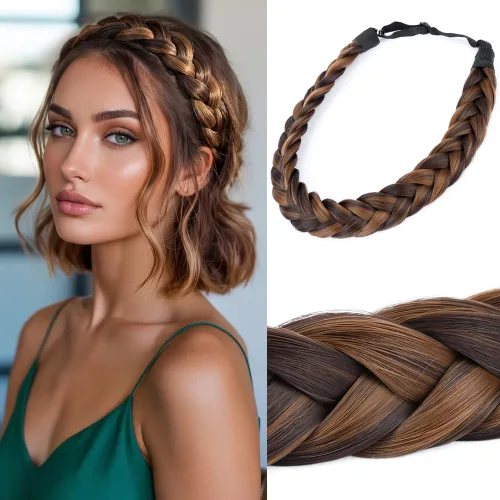 Miniatura 37 de Diadema clásica de cabello sintético trenzado, trenzas gruesas y anchas, extensión de cabello con elástico para mujeres y niñas, accesorio