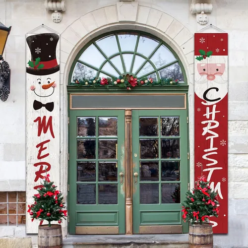 Miniatura 7 de Tatuo Cartel de Navidad para puerta, decoración de Navidad, Papá Noel, muñeco de nieve, porche, pancartas colgantes de Navidad para el hogar