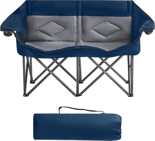 Miniatura 12 de Silla plegable doble de camping para 2 personas, resistente y de gran tamaño, soporta 800 libras con portavasos y bolsillo lateral para campamento