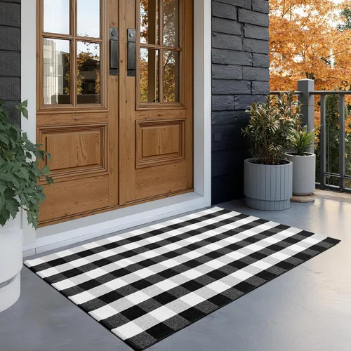 Miniatura 11 de joybest - Alfombra de felpudo tipo búfalo a cuadros de 27.5 x 43 pulgadas en negro y rojo; alfombra de algodón tejida a mano para puerta delantera
