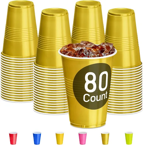 DecorRack 80 vasos dorados para fiestas, vasos de plástico sin BPA de 16 onzas, perfectos para cumpleaños, picnic, eventos en interiores y