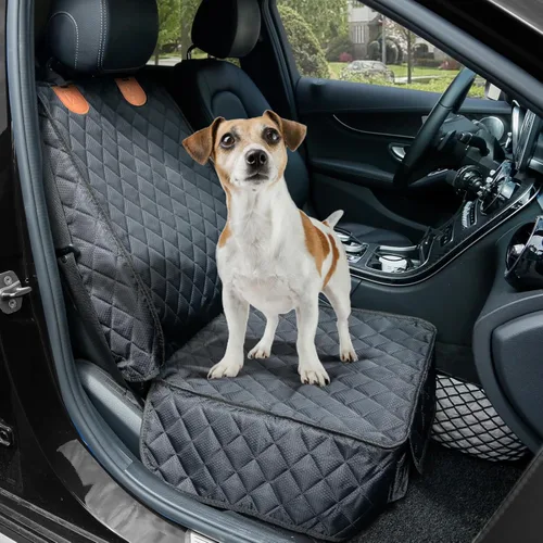 Miniatura 4 de PETICON Paquete de 2 fundas de asiento delantero, funda de asiento de automóvil para perro de protección completa con solapas laterales, Negro