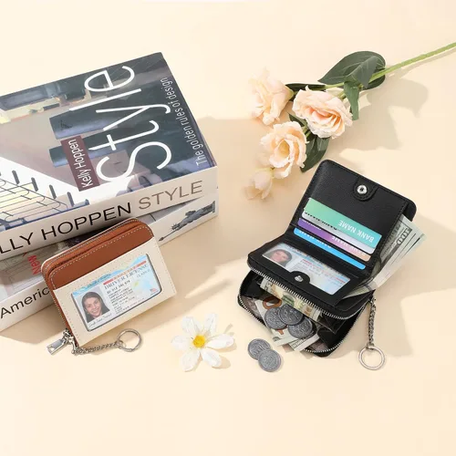 Miniatura 7 de GAEKEAO Billetera de cuero para mujer con bloqueo RFID, tarjetero compacto, pequeño, con ventana para identificación, bolsillo con cremallera