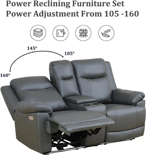 Miniatura 5 de Juego de sofá reclinable eléctrico, juego de sofá de cuero con puerto USB, sofá biplaza reclinable con consola de almacenamiento/portavasos