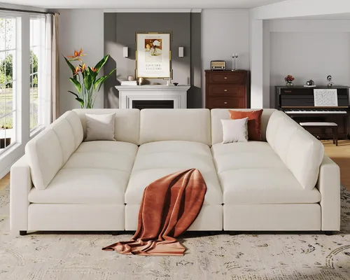 Miniatura 25 de VANOMi Sofá modular, cómodo sofá con marco de madera maciza de 3 asientos, sofá moderno certificado FSC para sala de estar, beige