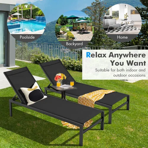 Miniatura 9 de Tangkula Tumbona de aluminio para patio, sillón ajustable para exteriores con respaldo de 6 posiciones, marco de aluminio resistente, tela Negro