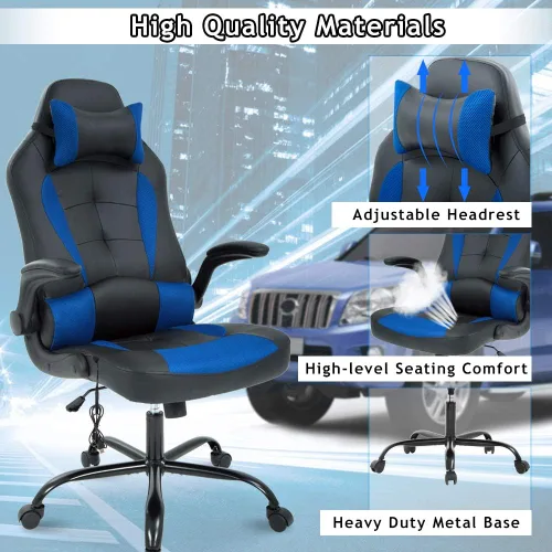 Miniatura 4 de Silla ergonómica de oficina para juegos, silla ejecutiva de computadora con respaldo alto con soporte lumbar y brazos abatibles, silla giratoria Azul