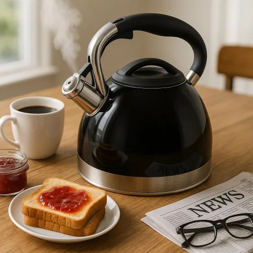 Miniatura 3 de Creative Home Triumph - Hervidor de té silbante de acero inoxidable, 3.5 cuartos de galón, tetera negra Base encapsulada de triple capa, mango