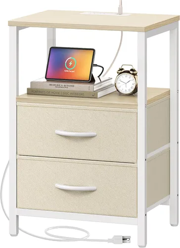 Miniatura 9 de Huuger - Mesita de noche con estación de carga, mesa auxiliar con 2 cajones de tela, mesa de centro con estante abierto, mesita de cama con puerto