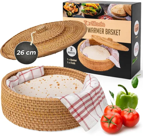 Tortillada - Calentador de tortillas de 10 pulgadas/canasta artesanal hecha de ratán incl. toalla 100% algodón