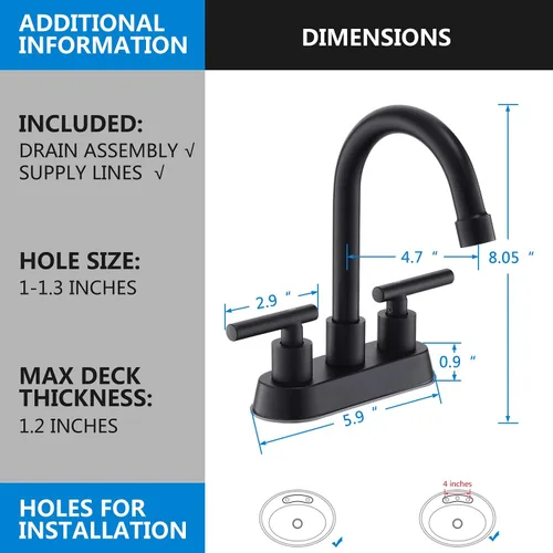 Miniatura 3 de Grifos de baño negros, grifo de lavabo de baño de 2 asas, grifo de lavabo de baño central de 4 pulgadas con drenaje desplegable y líneas de Negro