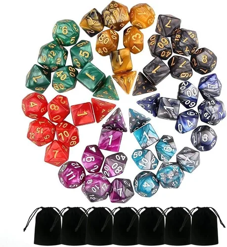 7 juegos (49 piezas) Juego de dados poliédricos para Calabozos y Dragones/RPG, juego completo de dados D&D/DND (D20, D12, D8, D6, D4 y 2×D10 [0-9 y