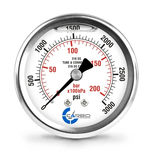 Miniatura 9 de Medidor de presión relleno de líquido de 300 PSI, dial de 2.5 pulgadas, montaje trasero 1/4 NPT, estuche 316 SS, 316 piezas mojadas SS, PSI/barra