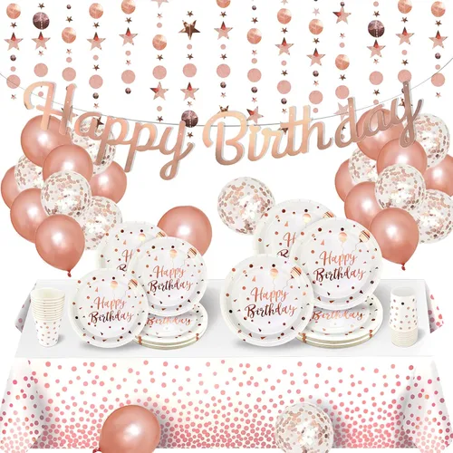 Suministros de fiesta de cumpleaños de oro rosa para 20 invitados, pancarta de feliz oro rosa, guirnalda de puntos circulares con purpurina con