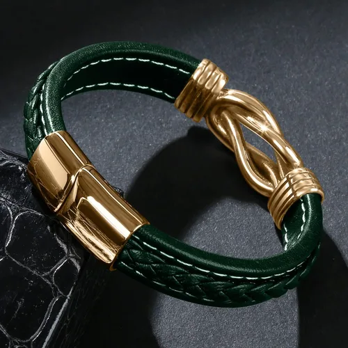 Miniatura 3 de Pulsera de cuero para hombre, pulsera de acero inoxidable, hebilla magnética para hombre