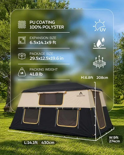 Miniatura 2 de CORANI Tiendas inflables de 14.1'x6.5'x9' para acampar, tienda de aire inflable portátil para 6/8/10 personas, impermeable, resistente al viento