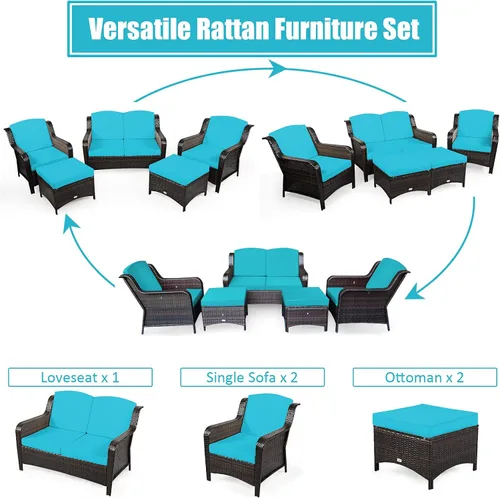 Miniatura 8 de COSTWAY Juego de muebles de mimbre de mimbre para patio, sofá biplaza con otomanas y sillas acolchadas, juegos de conversación para jardín al aire