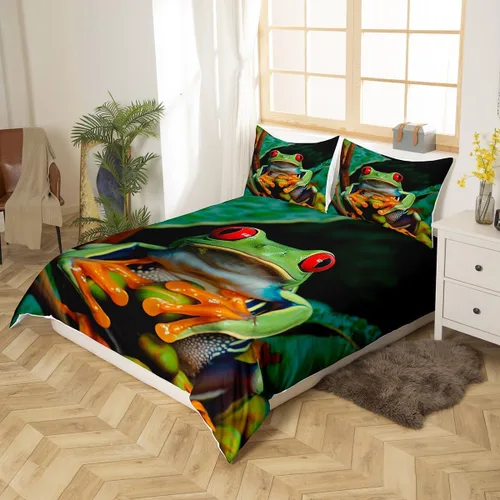 Miniatura 2 de Erosebridal Juego de funda de edredón de rana 3D, tamaño individual, juego de ropa de cama de rana de árbol de ojos rojos, funda de edredón