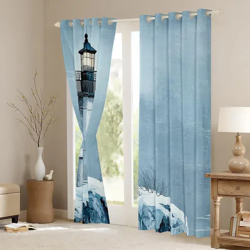 Miniatura 4 de Erosebridal Nautical Lighthouse Blackout Curtains 30-50% Navigation Theme Curtains for Women Men Watercolor Seascape Window Treatments Coastal Night